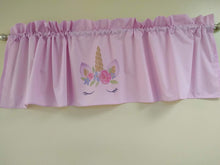 Load image into Gallery viewer, Pink Unicorns valance curtain Solid pink valance, sublimation on fabric 58 inches wide, Girls room window treatment decor, Baby Nursery, Flower unicorn  Fabric
